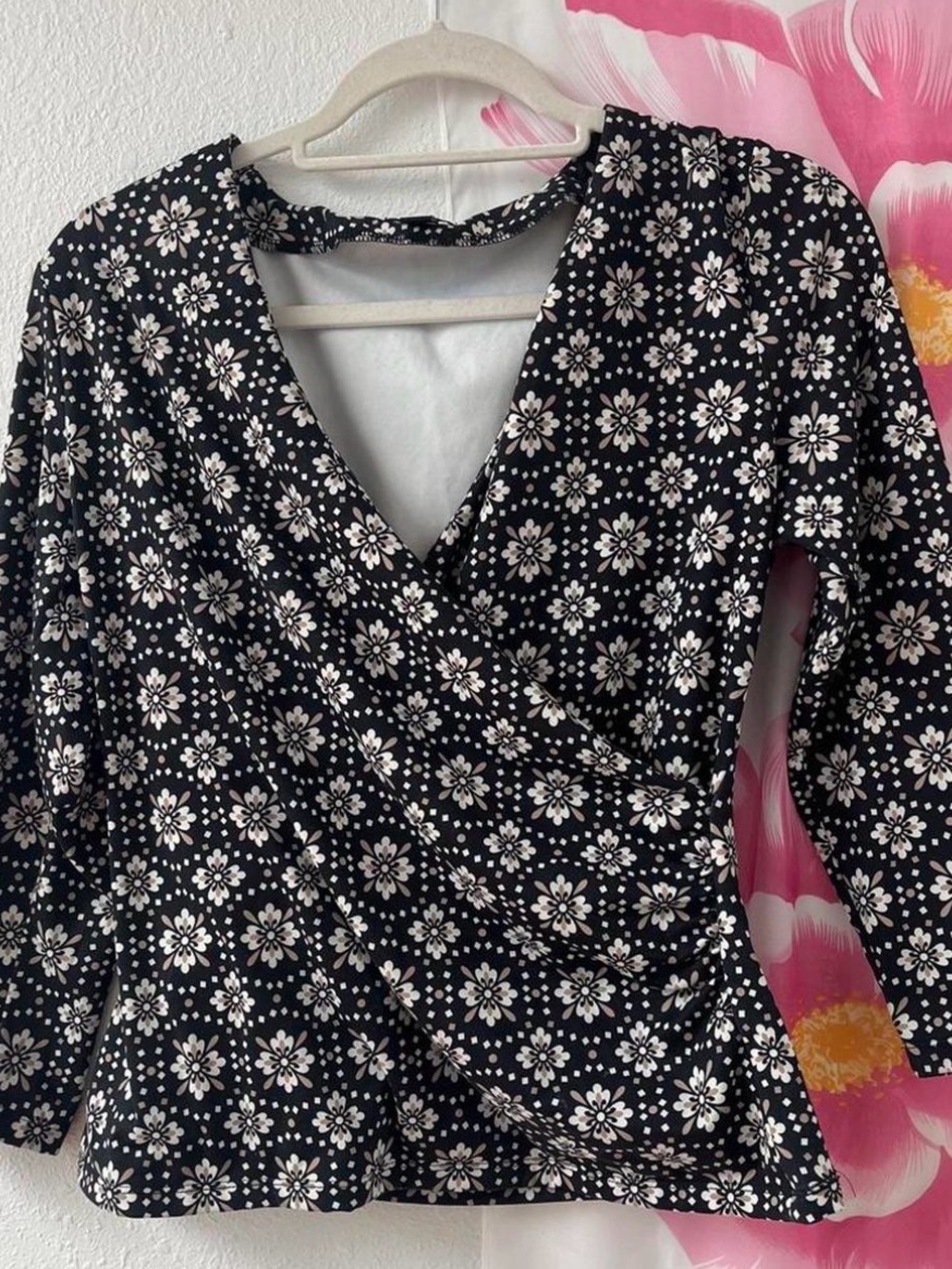 Ann Taylor Black Floral Faux-Wrap Blouse